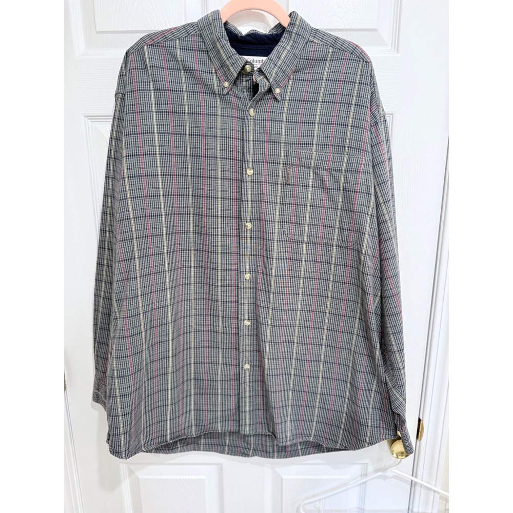 Columbia Sportswear Mens XXL Grey Plaid Long Sleeve Cotton Button Down Shirt